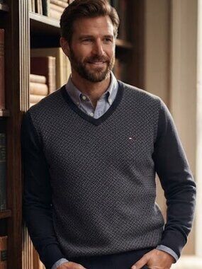 Tommy Hilfiger Blue V-Neck Sweater Men's Size Large LG Patterned Front Pullover